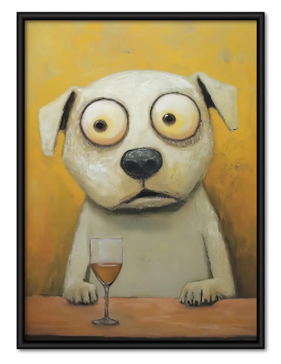 Wide Eyed White Dog with Wine Wall Art 1