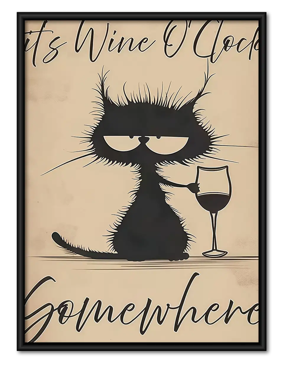 Wine OClock Grumpy Black Cat Wall Art 1