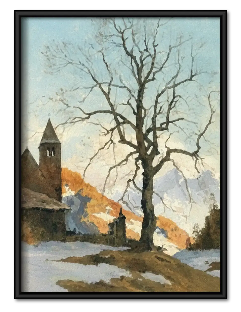 Winter Village with Bare Tree Wall Art 1