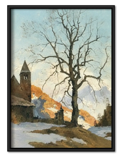Winter Village with Bare Tree Wall Art