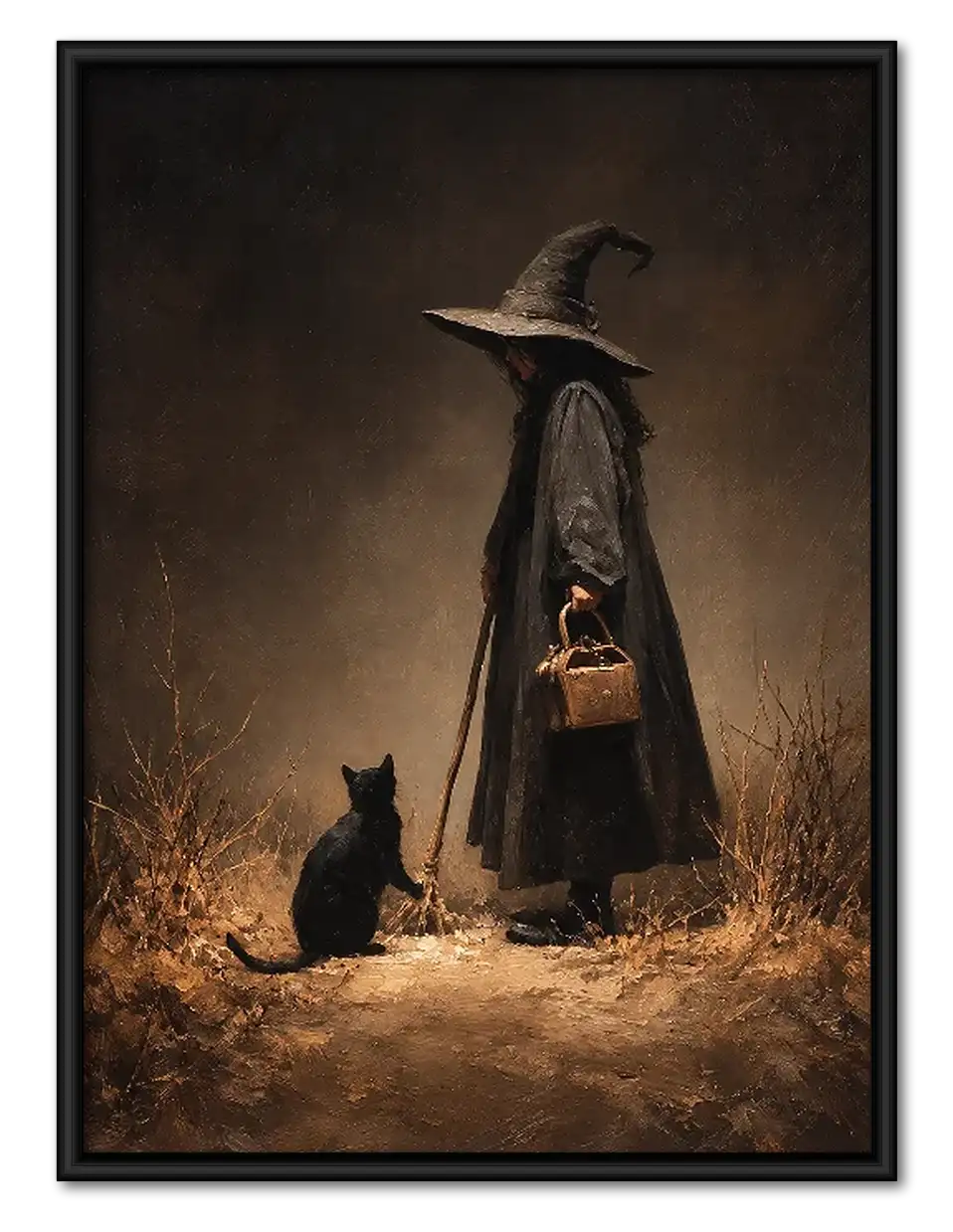 Witch and Black Cat Beside Campfire Wall Art 1