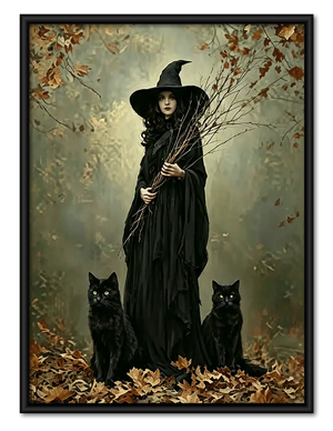 Witch and Black Cat in Autumn Forest Wall Art