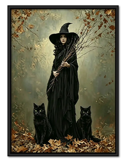 Witch and Black Cat in Autumn Forest Wall Art