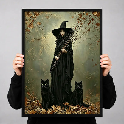Witch and Black Cat in Autumn Forest Wall Art 3