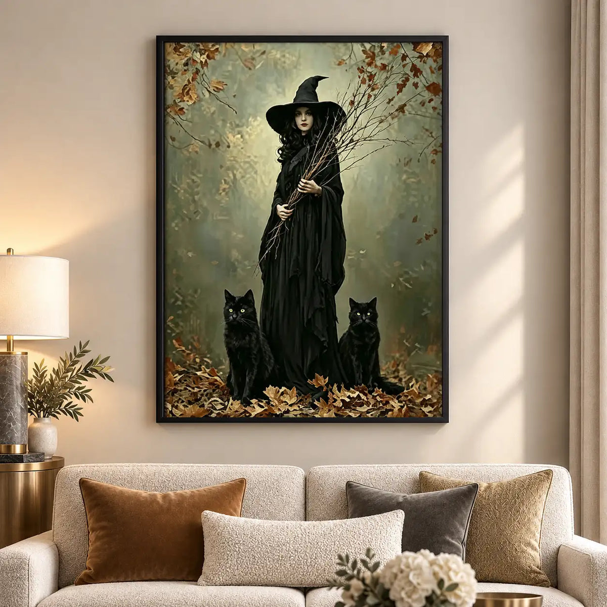 Witch and Black Cat in Autumn Forest Wall Art 5