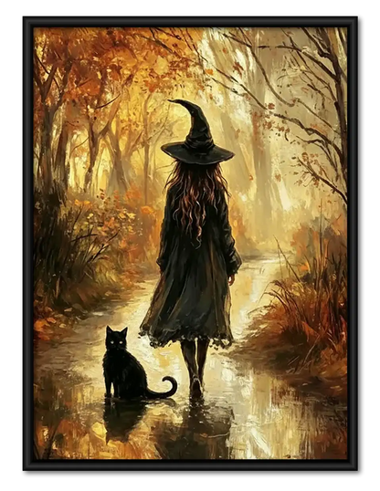 Witch and Black Cat in Autumn Woods Wall Art 1