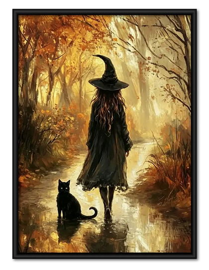 Witch and Black Cat in Autumn Woods Wall Art