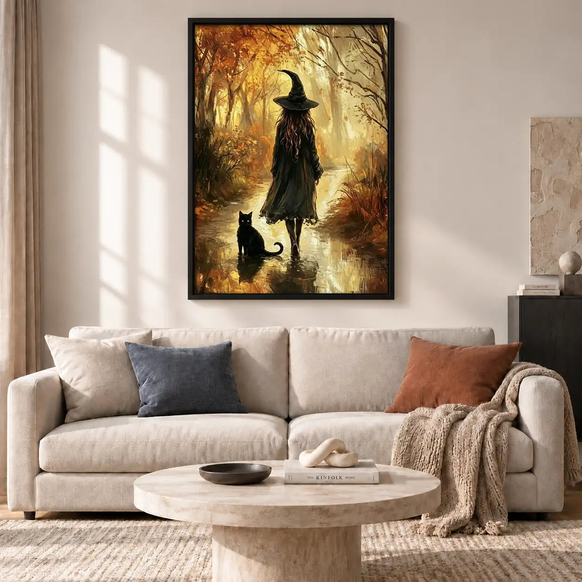 Witch and Black Cat in Autumn Woods Wall Art 2