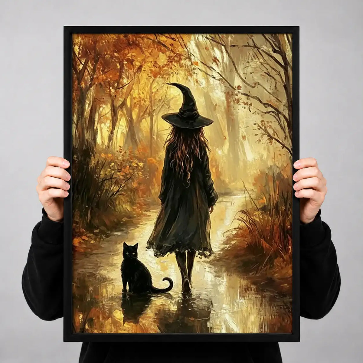 Witch and Black Cat in Autumn Woods Wall Art 3