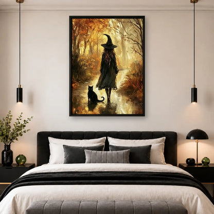 Witch and Black Cat in Autumn Woods Wall Art 4