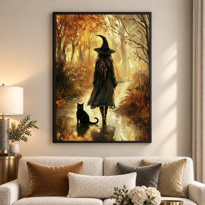 Witch and Black Cat in Autumn Woods Wall Art 5