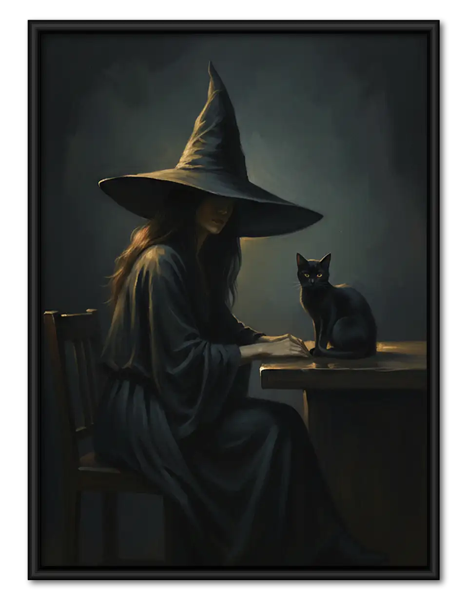 Witch and Black Cat in Shadowy Room Wall Art 1