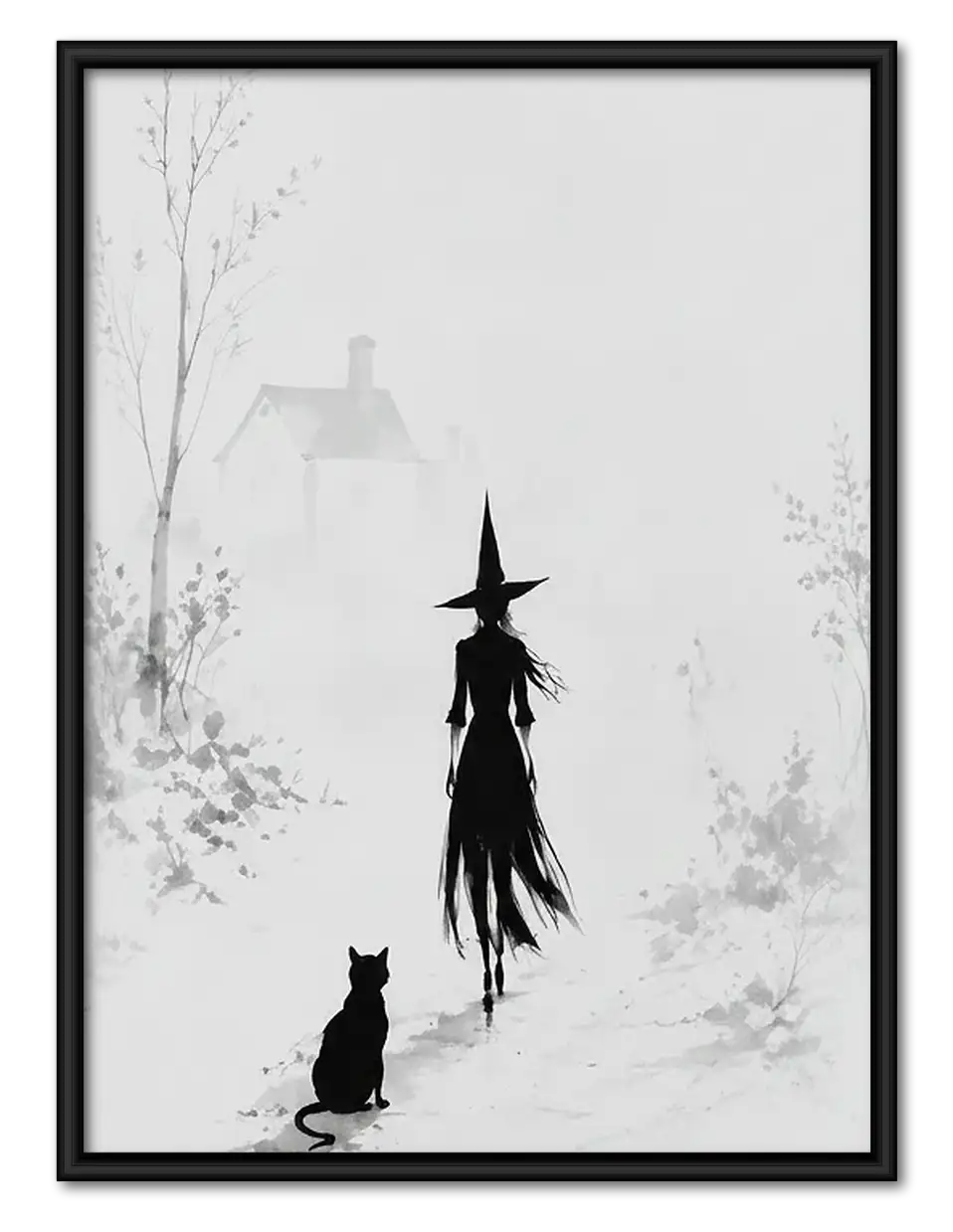 Witch and Black Cat Minimal Ink Wall Art 1