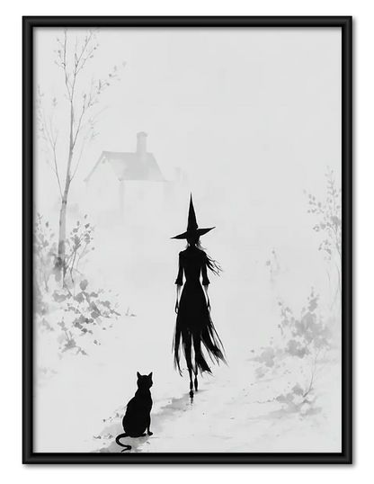 Witch and Black Cat Minimal Ink Wall Art 1