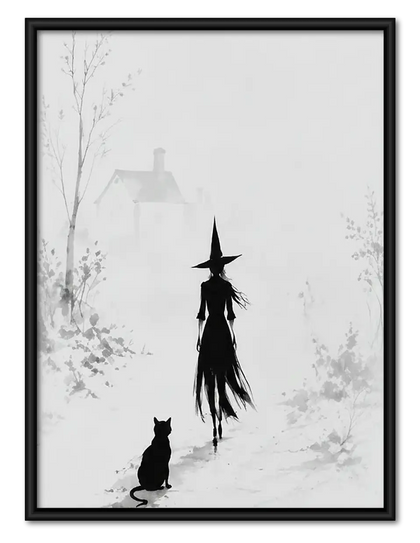 Witch and Black Cat Minimal Ink Wall Art