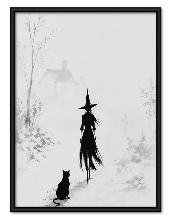 Witch and Black Cat Minimal Ink Wall Art