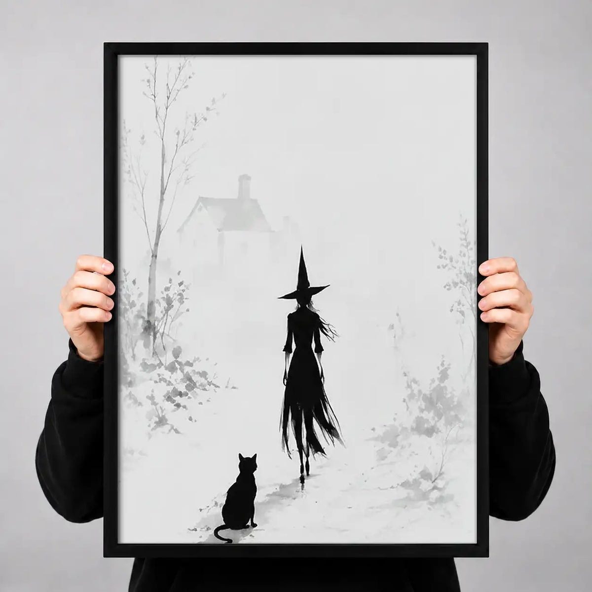 Witch and Black Cat Minimal Ink Wall Art 3