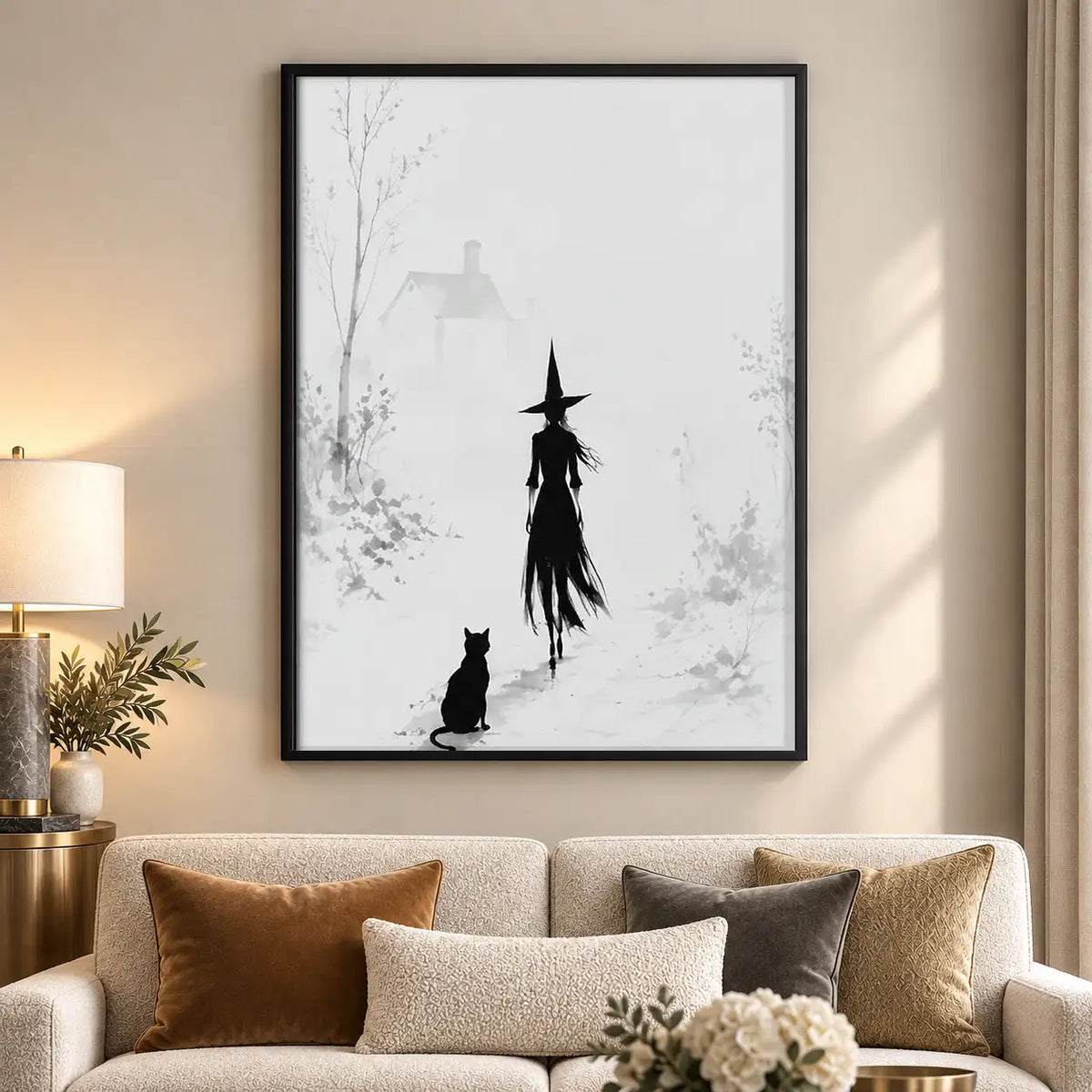 Witch and Black Cat Minimal Ink Wall Art 5