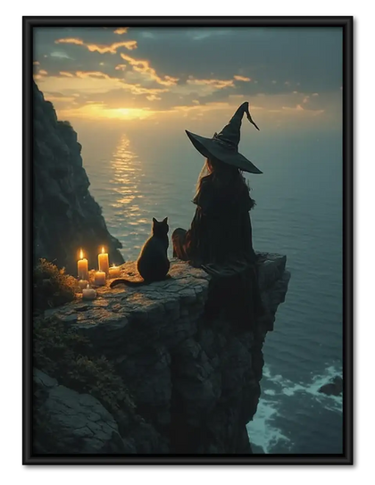 Witch and Black Cat on Coastal Cliff Wall Art