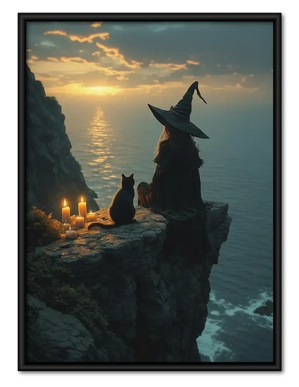 Witch and Black Cat on Coastal Cliff Wall Art