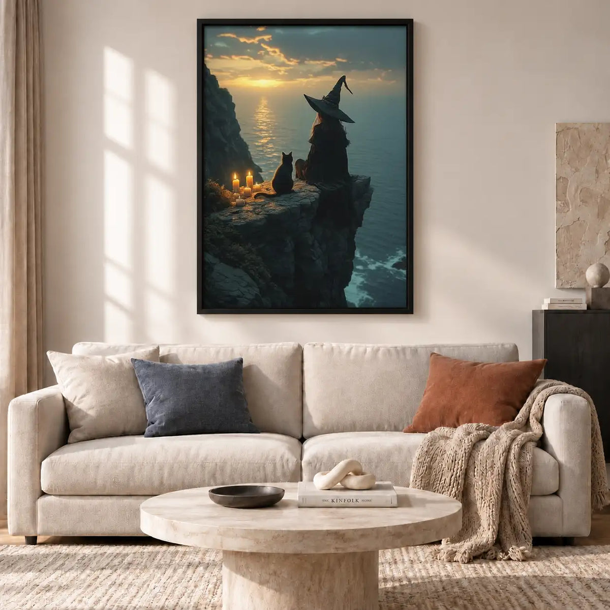 Witch and Black Cat on Coastal Cliff Wall Art 2