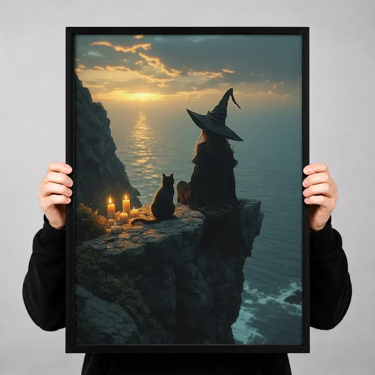 Witch and Black Cat on Coastal Cliff Wall Art 3