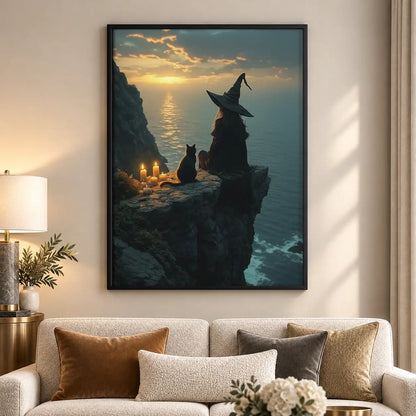 Witch and Black Cat on Coastal Cliff Wall Art 5