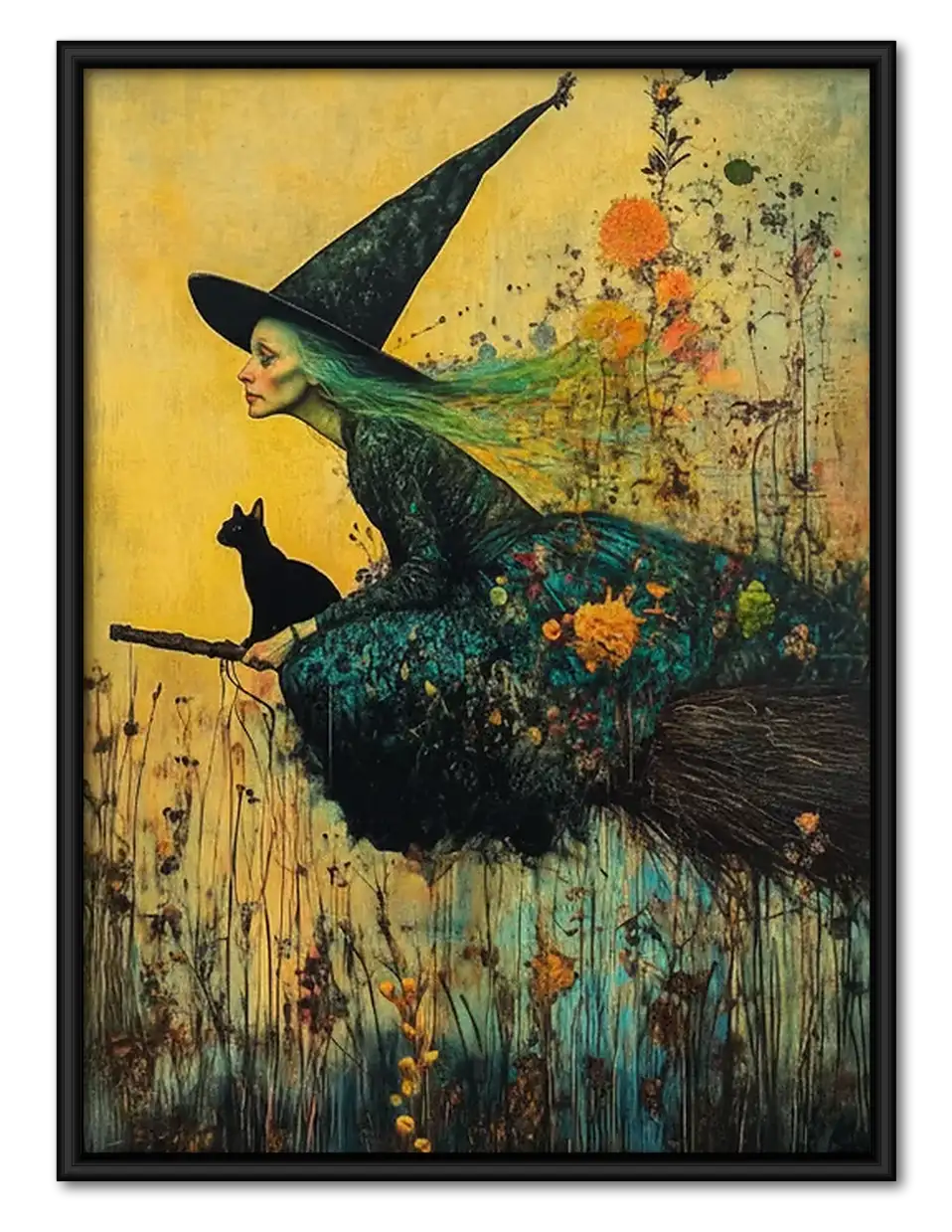 Witch and Black Cat on Flying Broom Wall Art 1