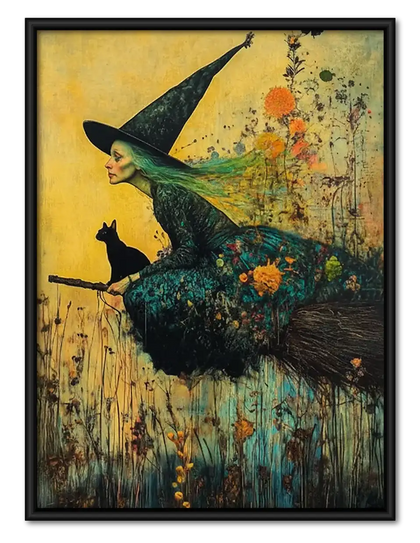 Witch and Black Cat on Flying Broom Wall Art