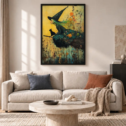 Witch and Black Cat on Flying Broom Wall Art 2