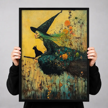 Witch and Black Cat on Flying Broom Wall Art 3