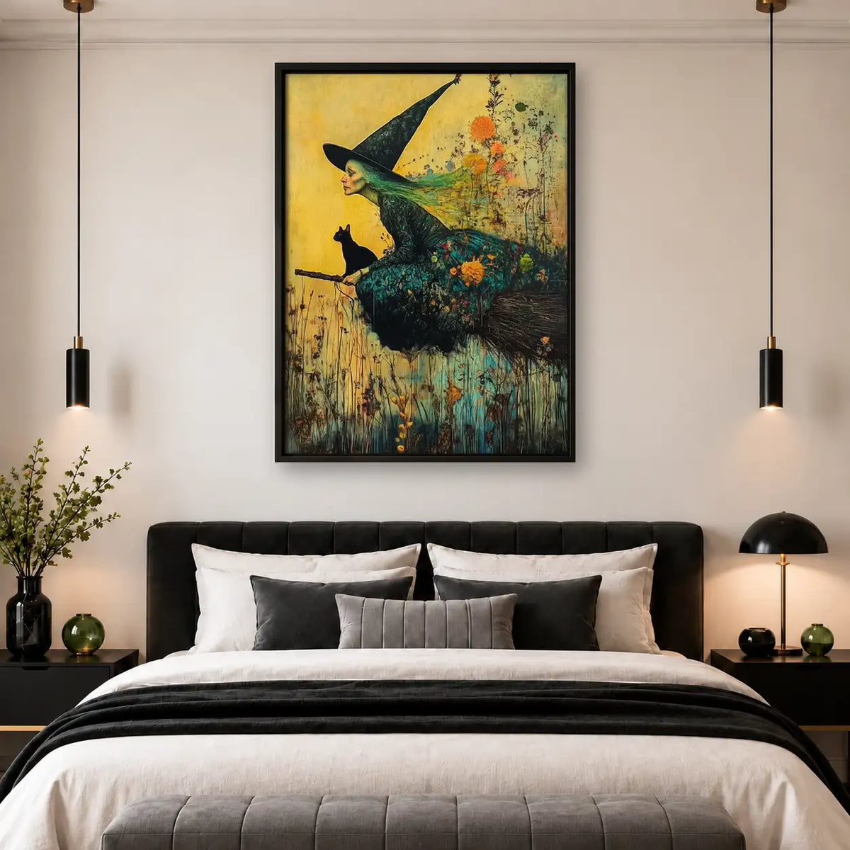 Witch and Black Cat on Flying Broom Wall Art 4