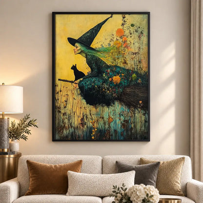 Witch and Black Cat on Flying Broom Wall Art 5