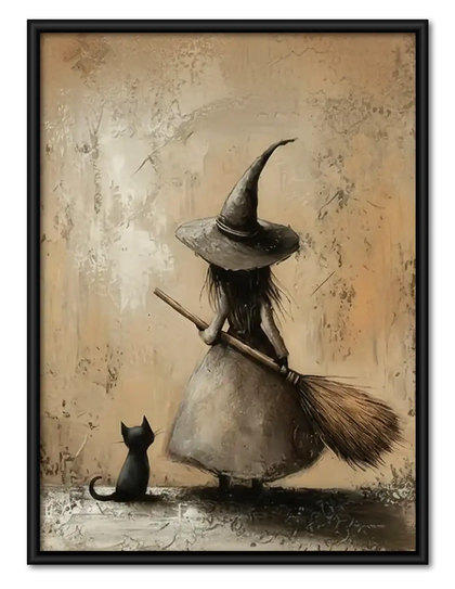 Witch and Black Cat Resting with Broom Wall Art