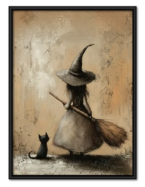 Witch and Black Cat Resting with Broom Wall Art