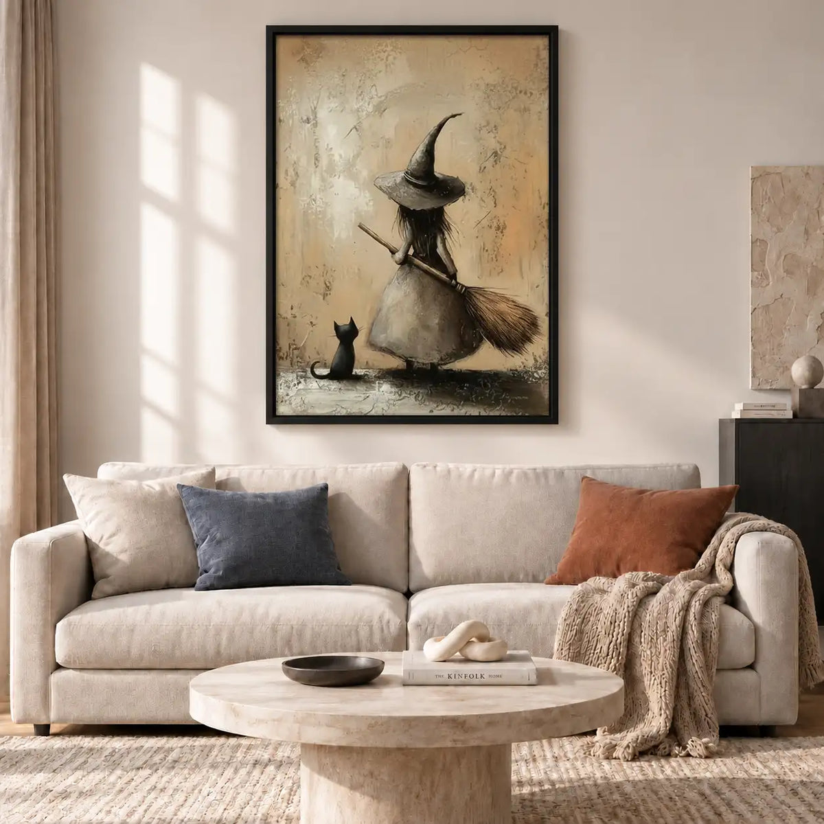 Witch and Black Cat Resting with Broom Wall Art 2