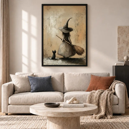 Witch and Black Cat Resting with Broom Wall Art 2