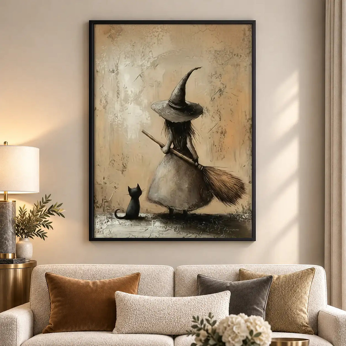 Witch and Black Cat Resting with Broom Wall Art 5