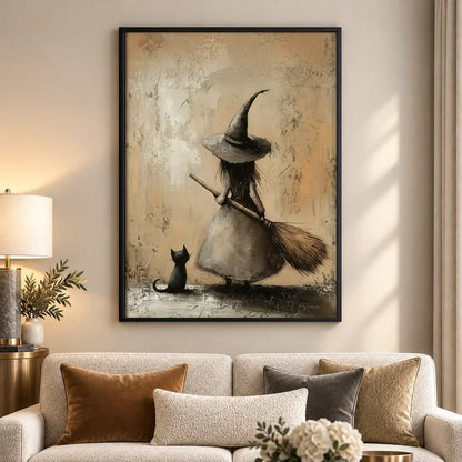 Witch and Black Cat Resting with Broom Wall Art 5