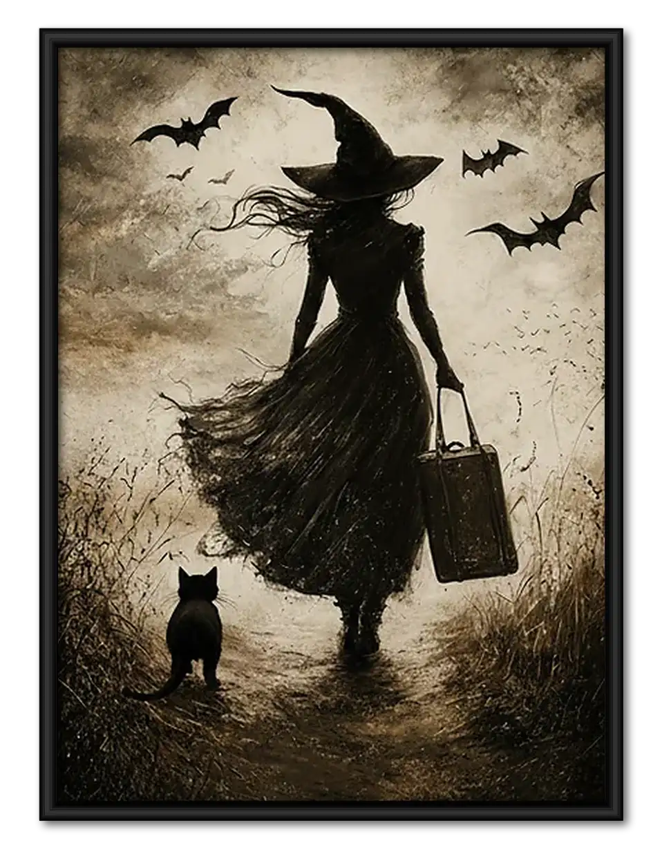 Witch and Cat Silhouette in Wind Wall Art 1