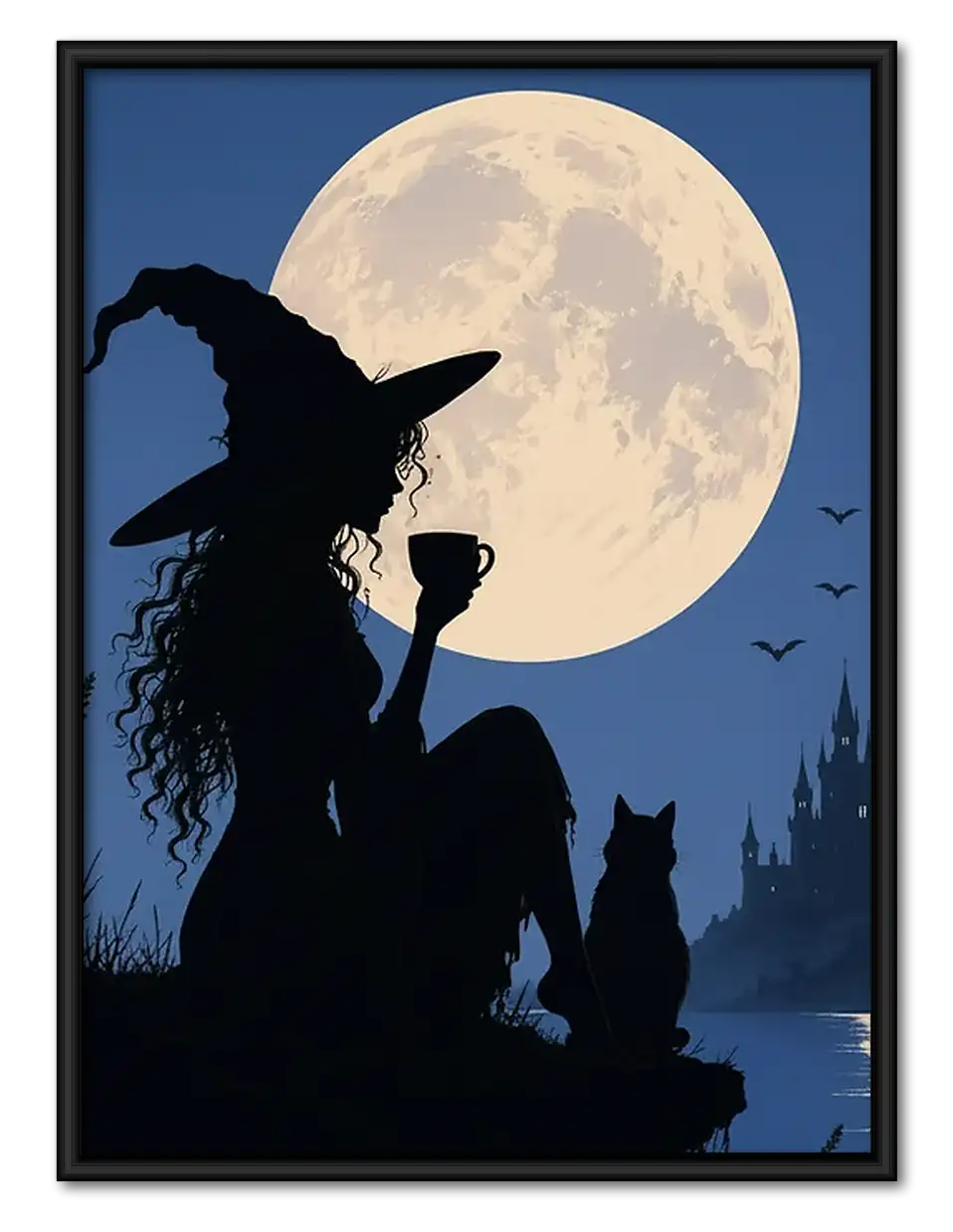 Witch and Cat Silhouette Under Full Moon Wall Art 1