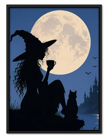 Witch and Cat Silhouette Under Full Moon Wall Art