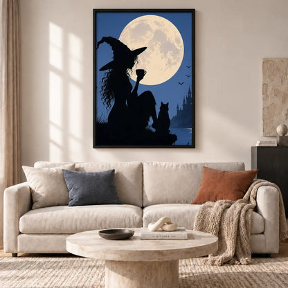 Witch and Cat Silhouette Under Full Moon Wall Art 2