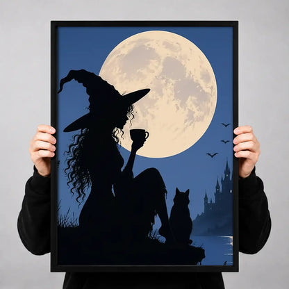 Witch and Cat Silhouette Under Full Moon Wall Art 3