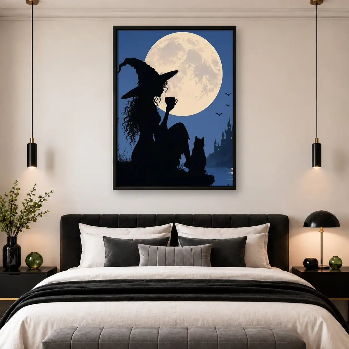 Witch and Cat Silhouette Under Full Moon Wall Art 4