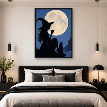 Witch and Cat Silhouette Under Full Moon Wall Art 4