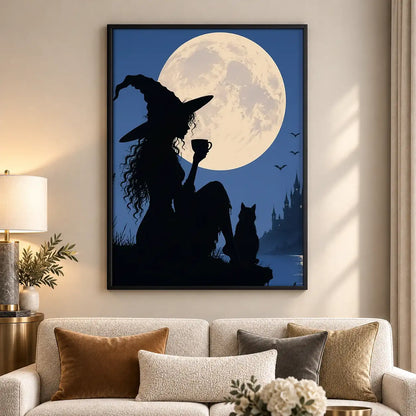 Witch and Cat Silhouette Under Full Moon Wall Art 5