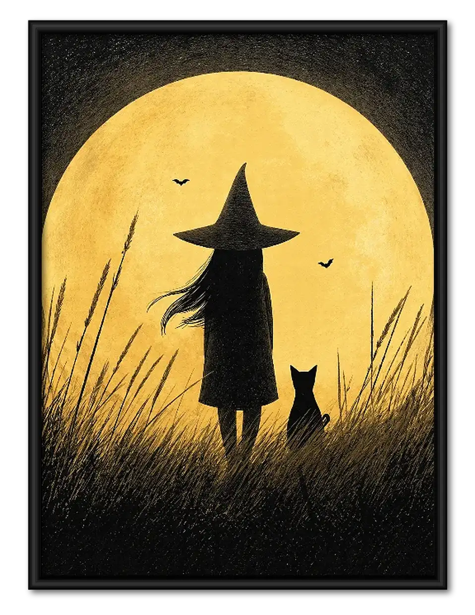 Witch and Cat Silhouetted Against Full Moon Wall Art 1