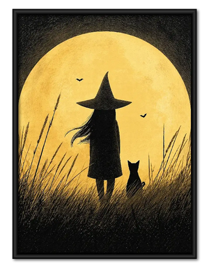 Witch and Cat Silhouetted Against Full Moon Wall Art