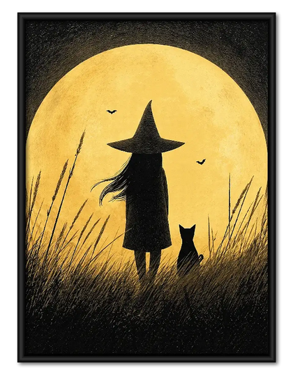 Witch and Cat Silhouetted Against Full Moon Wall Art